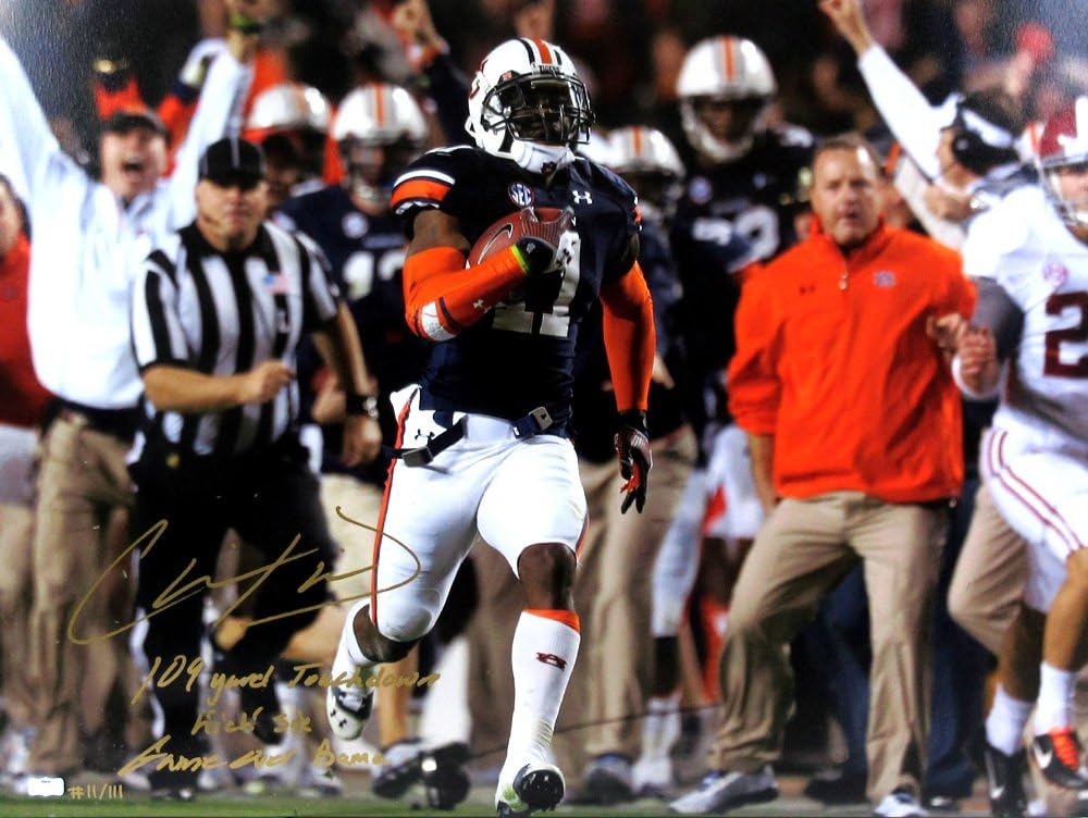 Chris Davis Autographed/Signed Auburn Tigers 24x32 Wrapped Canvas with "109 Yard Touchdown Kick Six - Game Over Bama" Inscription